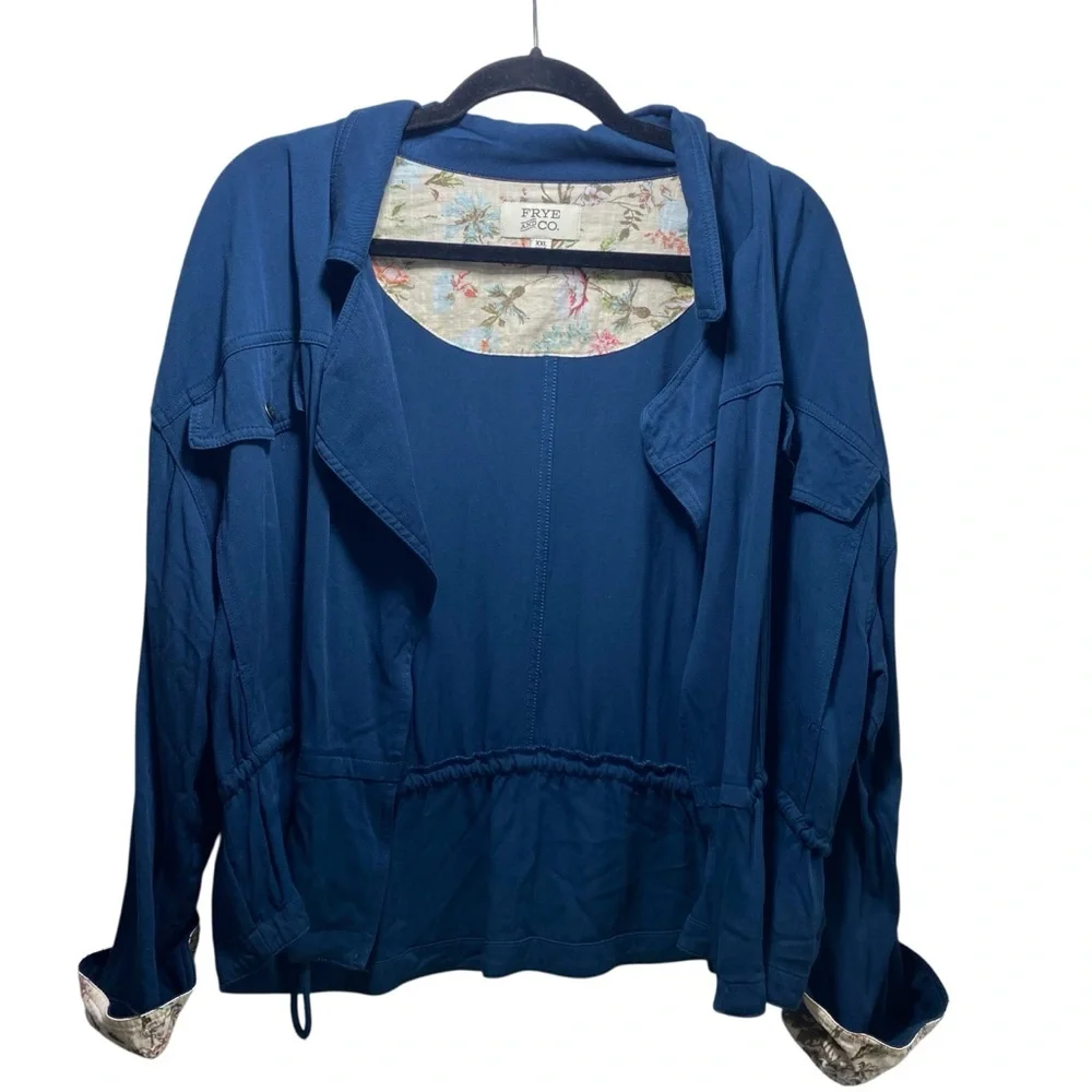 Frye and Co Utility‎ Open Front Jacket Womens Roll Up Sleeves Floral Navy 2XL